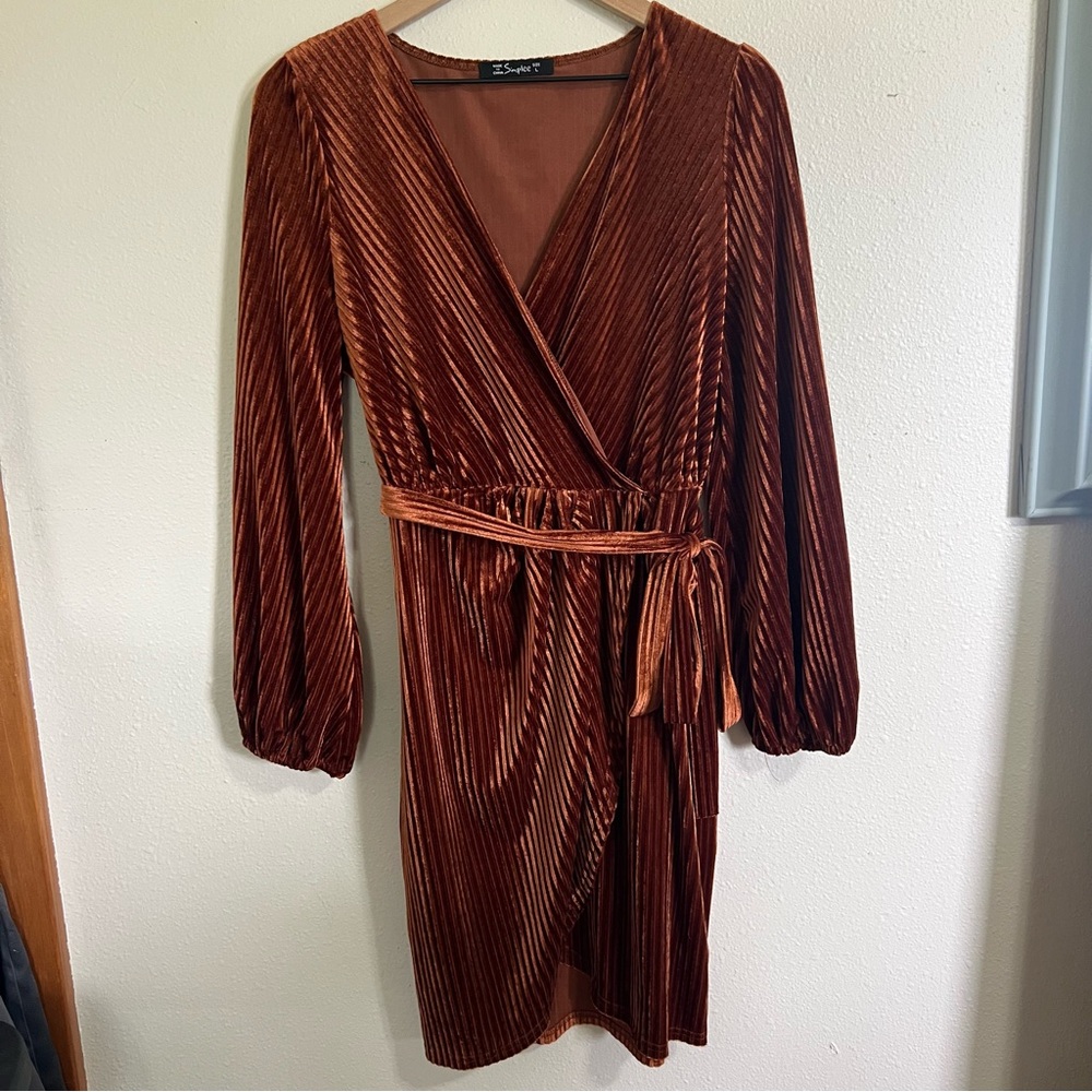 Simpler Rust Velvet Wrap Tie Dress- Size Large - Picture 2 of 7